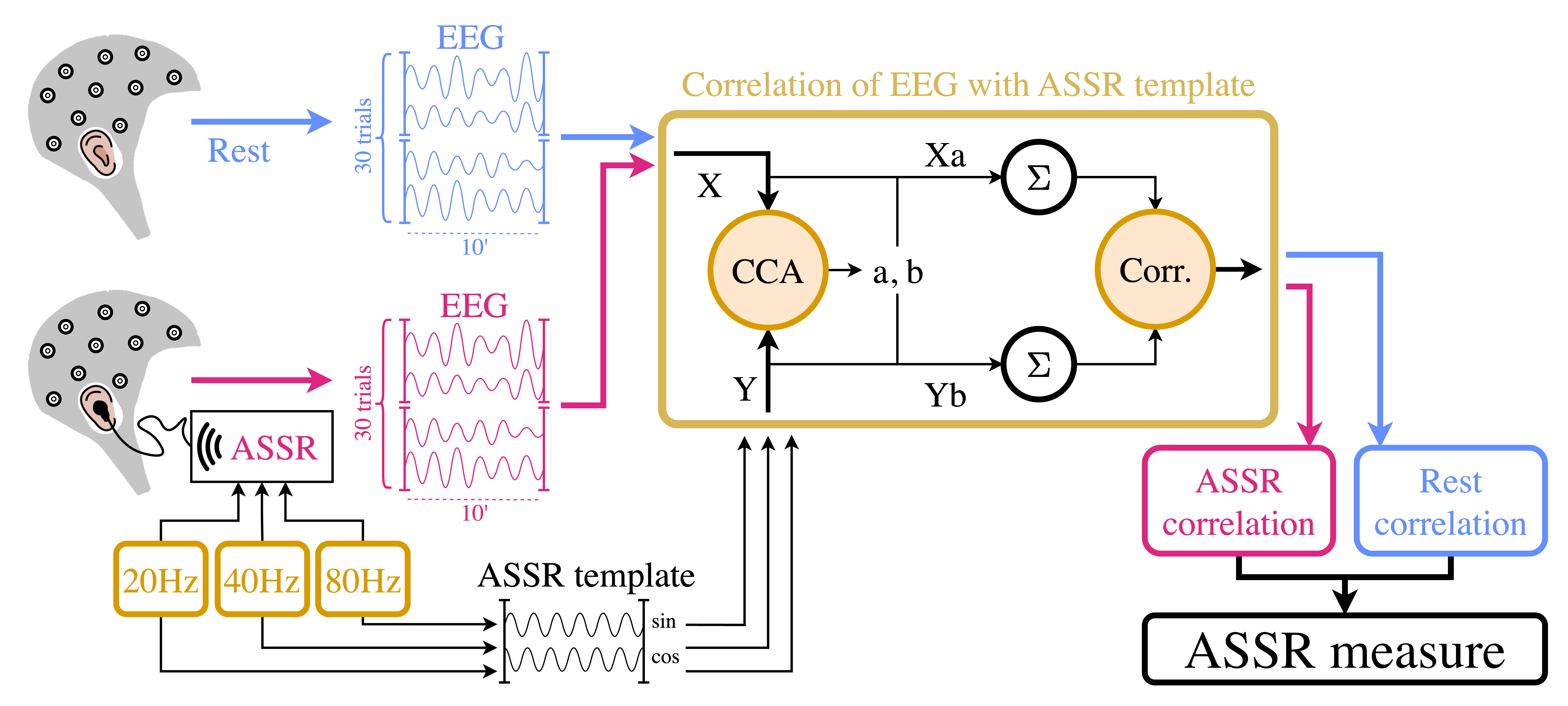 Experiment overview - *canonical correlation analysis (CCA) is used to extract auditory steady state responses (ASSR) from electroencephalography (EEG) recording.*